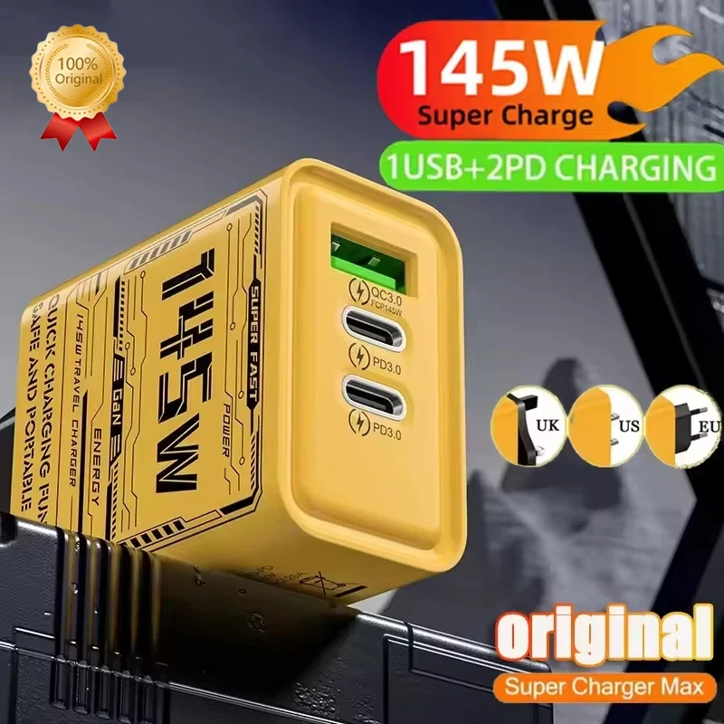 Lenovo 145W EU/US/UK Plug Ultra Fast Charging 3-ports PD USB Type-C Qc 3.0 Super Charge Wall Adapter For Iphone Samsung