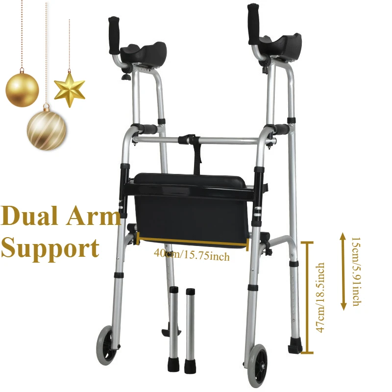 Aluminum Alloy Walker with Wheels  Seat - 4-Legged Cane for Disabled Rehabilitation Aid with Forearm Rests Mobility Aids