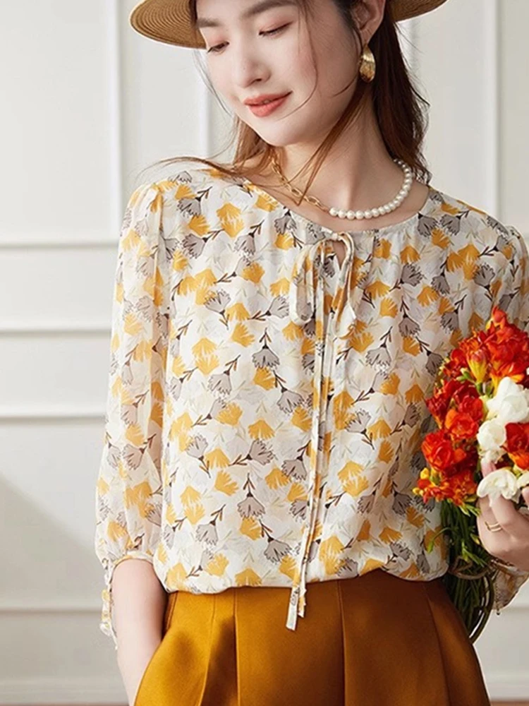 

Floral Design Loose Fit ort Sve round Ne irt Korean Sle Commute Faion Slimming Top New Arrival Ele Faion