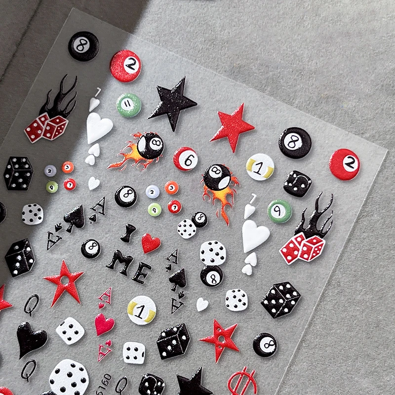 3D Embossed Cherry Nail Art Stickers Self Adhesive Pool & Dice Design Nail Art Decals Manicure DIY Accessories