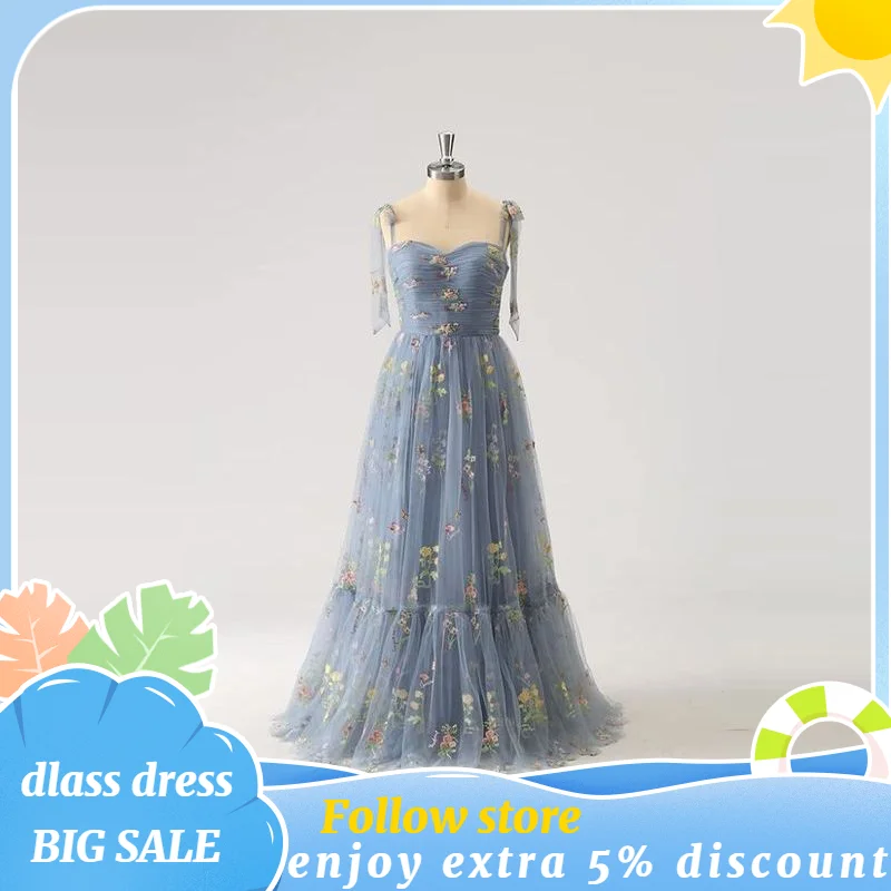 Elegante Tule Een Lijn Prom Dresses 2023 Bloem Borduren Spaghetti Band Sweartheart Hals Formele Avond Party Jurken Voor Vrouwen