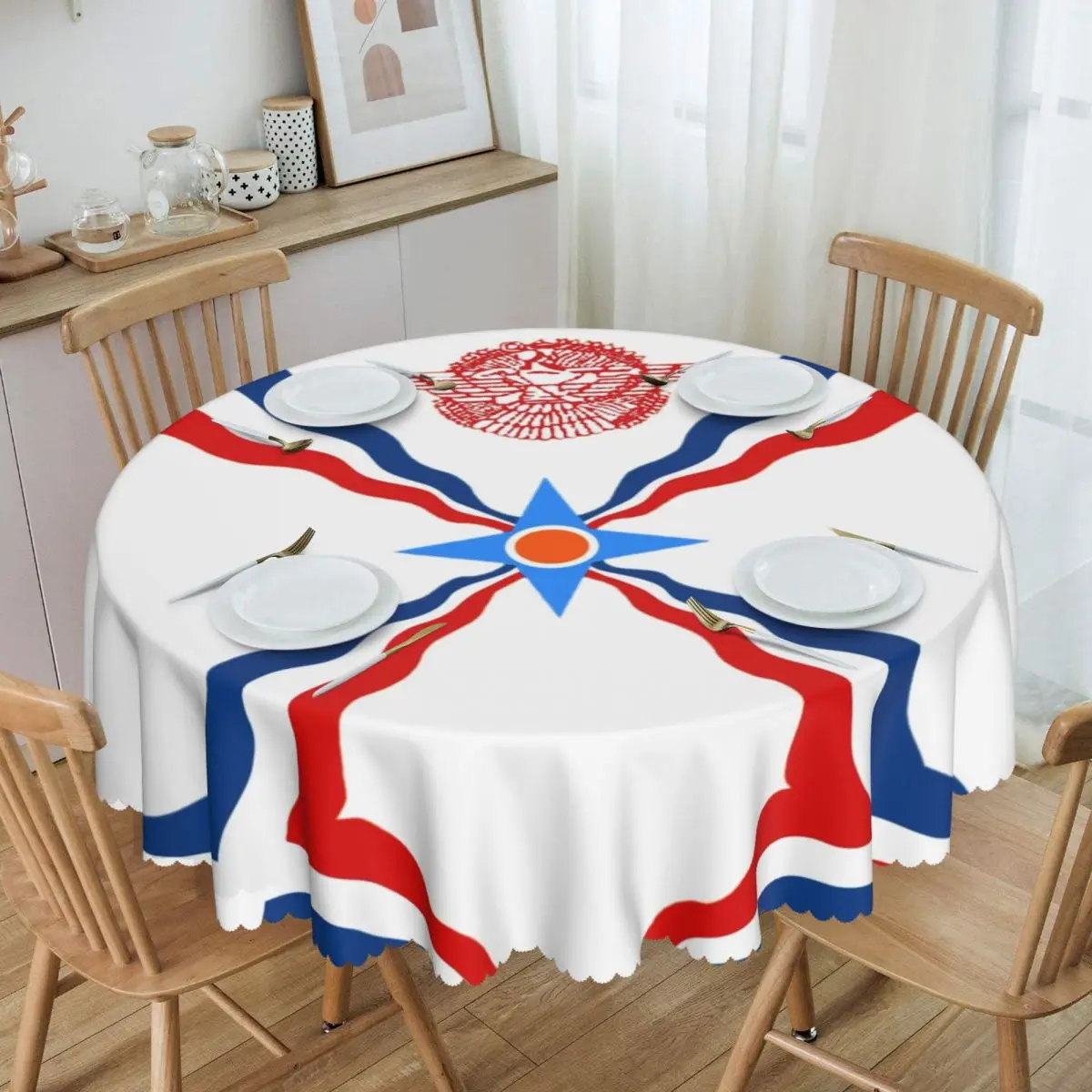 Round Waterproof Assyrian Suryoyo Flag Table Cover Syriac Aram Tablecloth for Picnic 60 inches Table Cloth