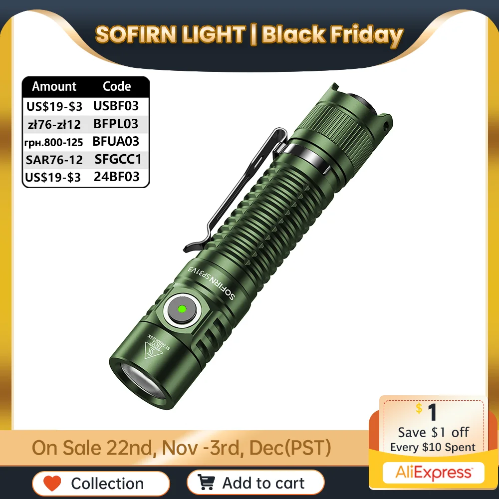 Sofirn SP31 V3 519A 18650 Tactical Flashlight 1200lm Rechargeable Torch Throw 170M USB C IP68 EDC Tail Switch 95+ CRI