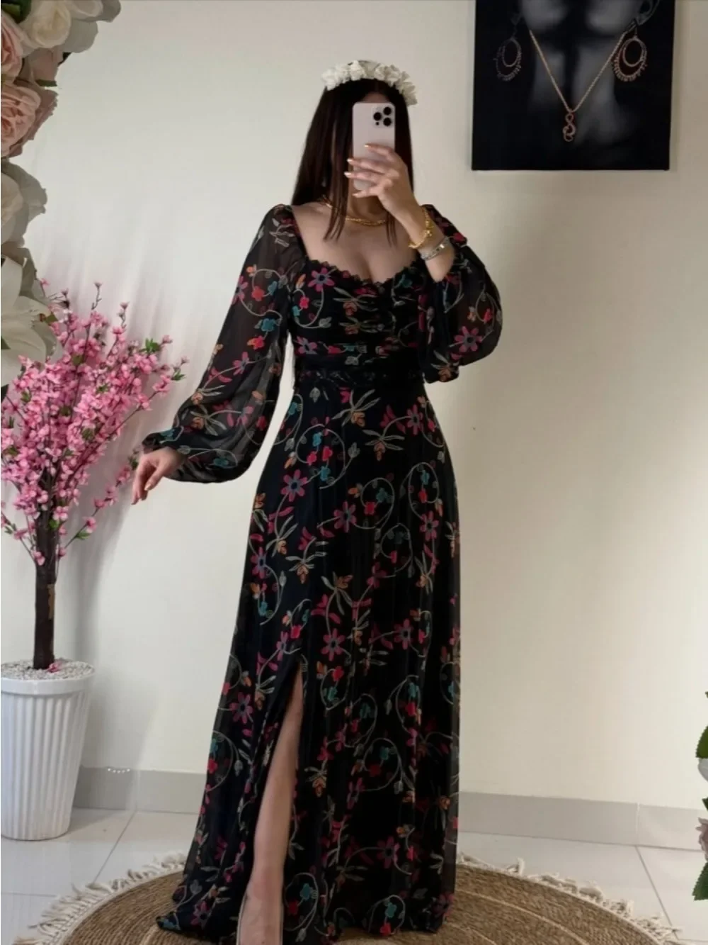 ชุดเดรสลายดอกไม้หวานๆ สำหรับผู้หญิง ชุดเดรสยาวแบบอาหรับ จาลาบียะห์ ชุดคลุมยาวสำหรับงานอีด รอมฎอน โมร็อกโก ชุดเดรสยาวสำหรับงานปาร์ตี้ ปี 2026 อาบายะห์ ดูไบ
