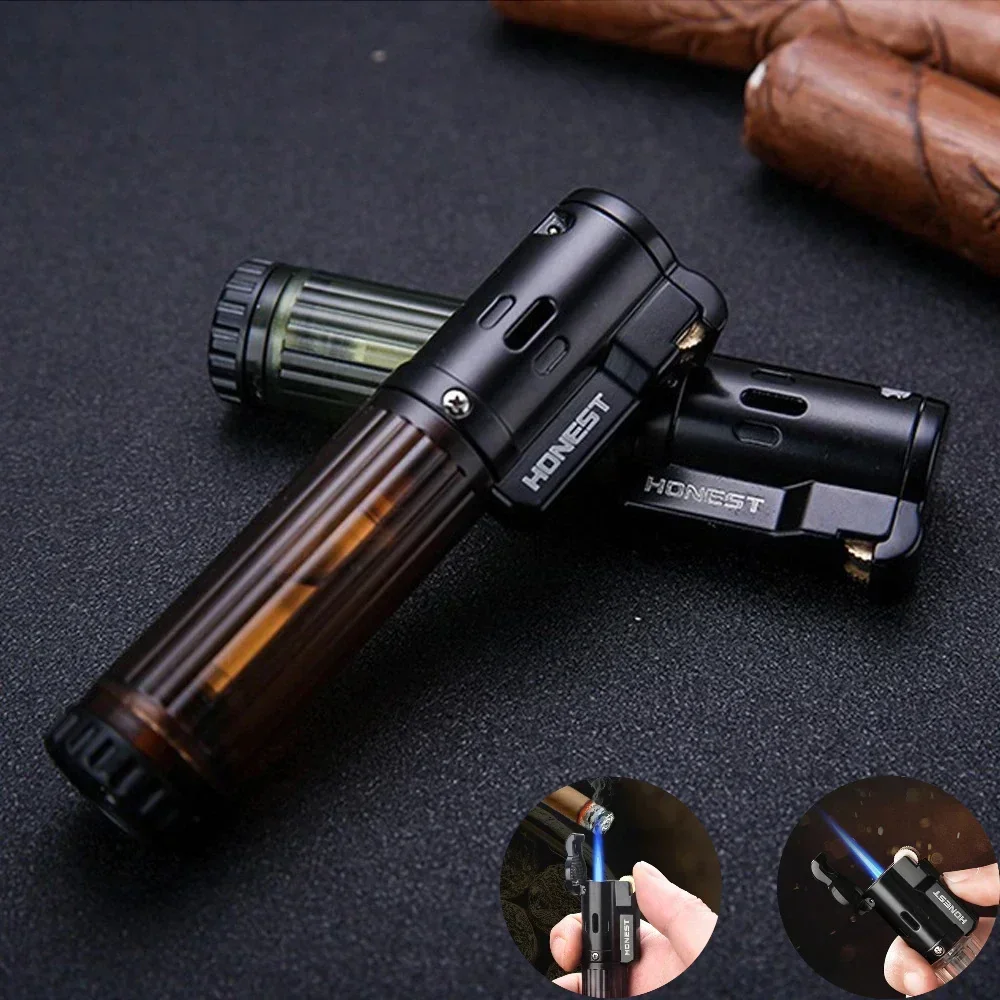 Windproof Blue Flame Butane Gas Lighter Transparent Visible Fuel Tank Torch Lighter Grinding Wheel Ignition Tool Cigar Lighter