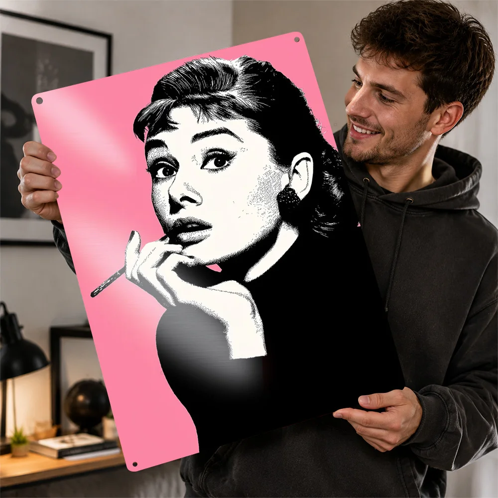 Audrey Hepburn Portrait Pink Background 3D Texture Printed Poster Custom Vintage Metal Tin Plate Sign for Wall Art Office Decor