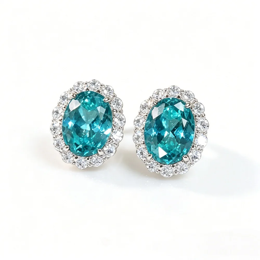 14K Weißgold Ohrstecker mit Laborgezüchtetem Paraiba-Turmalin 6×8mm Vollbesetzter Diamant-Halo Luxus-Statement-Ohrringe für Damen – Detail 1