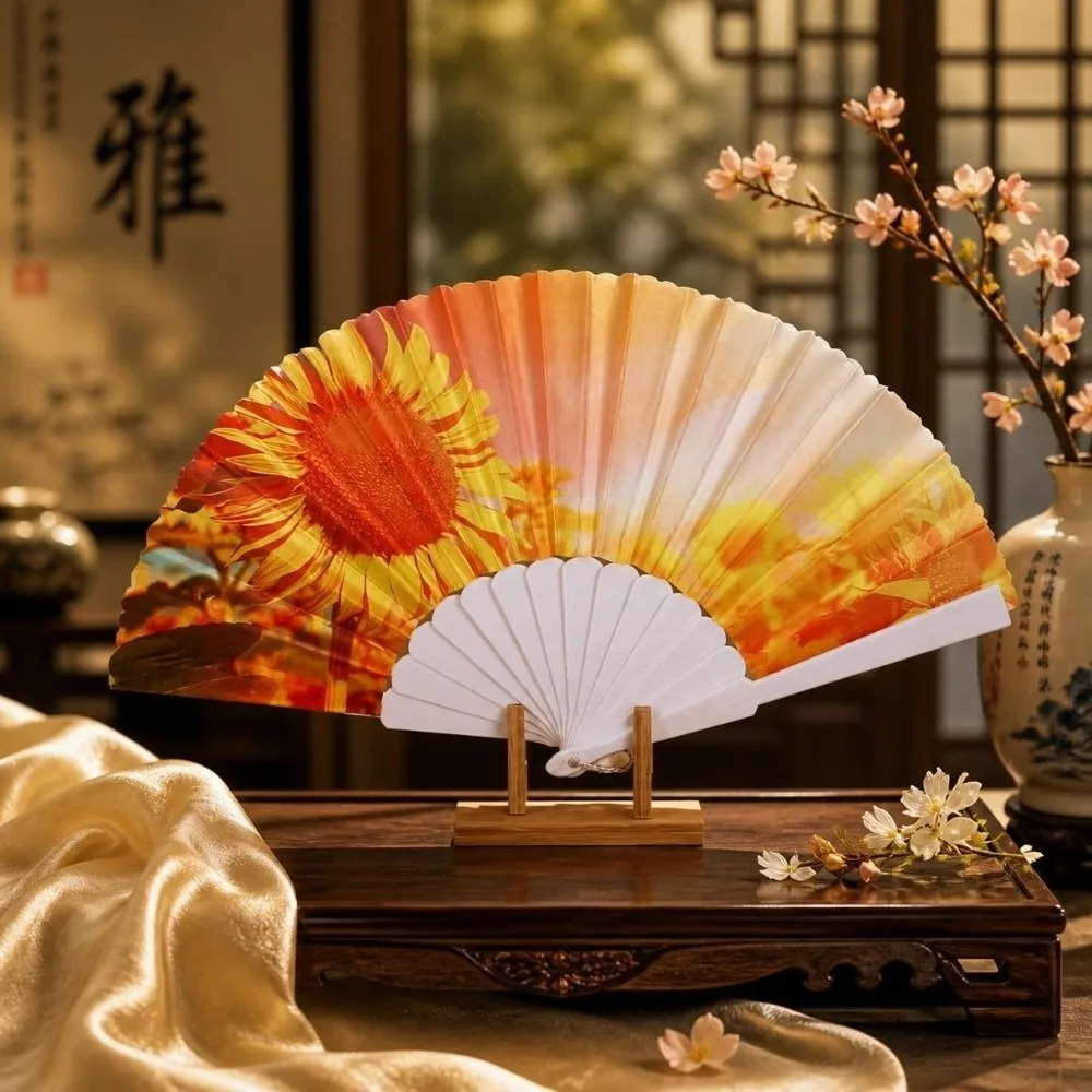 Home Ornament Sunflower Folding Fan Collapsible Handwork Design Dance Fan Handheld Retro Decorative Fan Home Decorative