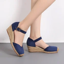 Summer Shoes High Heels Sandals Fashion Ladies Party Shoes Woman Wedges Sandals 6cm Plus Size 42 Black Blue D294