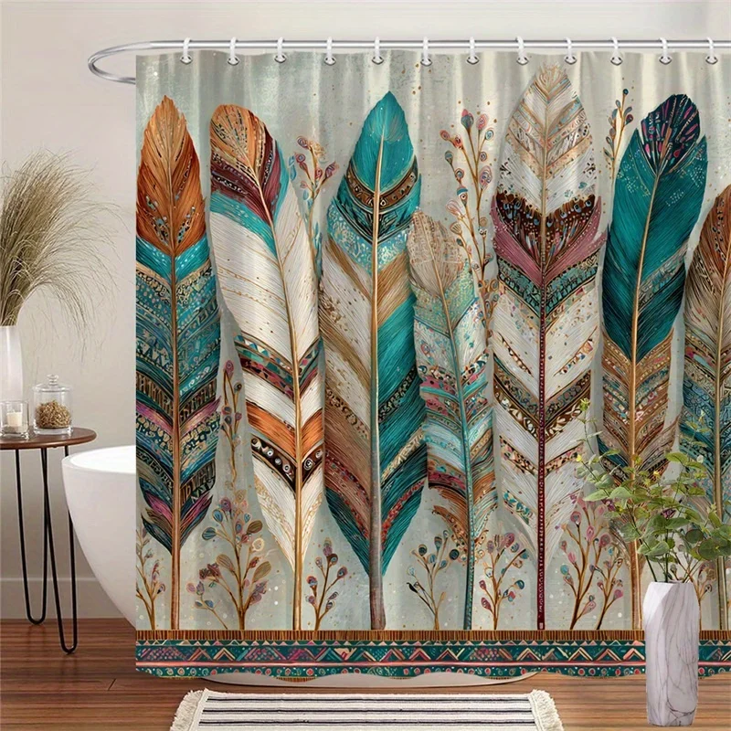 Boho Feather Shower Curtain - Vintage Tribal Pattern, Retro Aztec Bird Plume Print, Waterproof Fabric Bathroom Decor