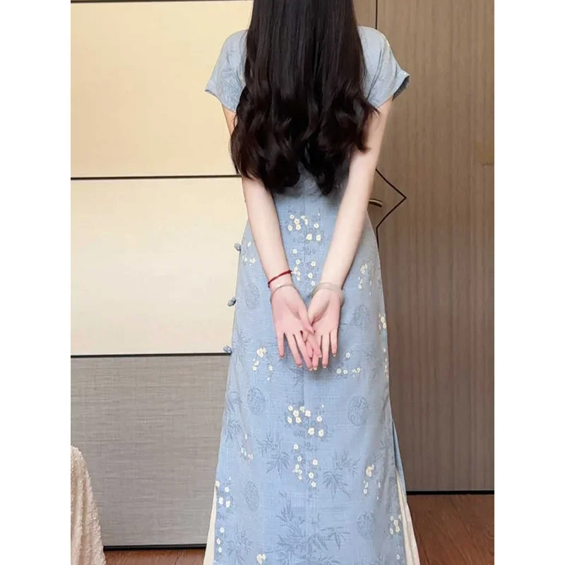 فستان تشيباو بأكمام قصيرة باللون الأزرق القديم للفتيات الصغيرات أنيق على الطراز الصيني للصيف وصل حديثًا ملابس للاستخدام الخاص من البر الرئيسي في الصين