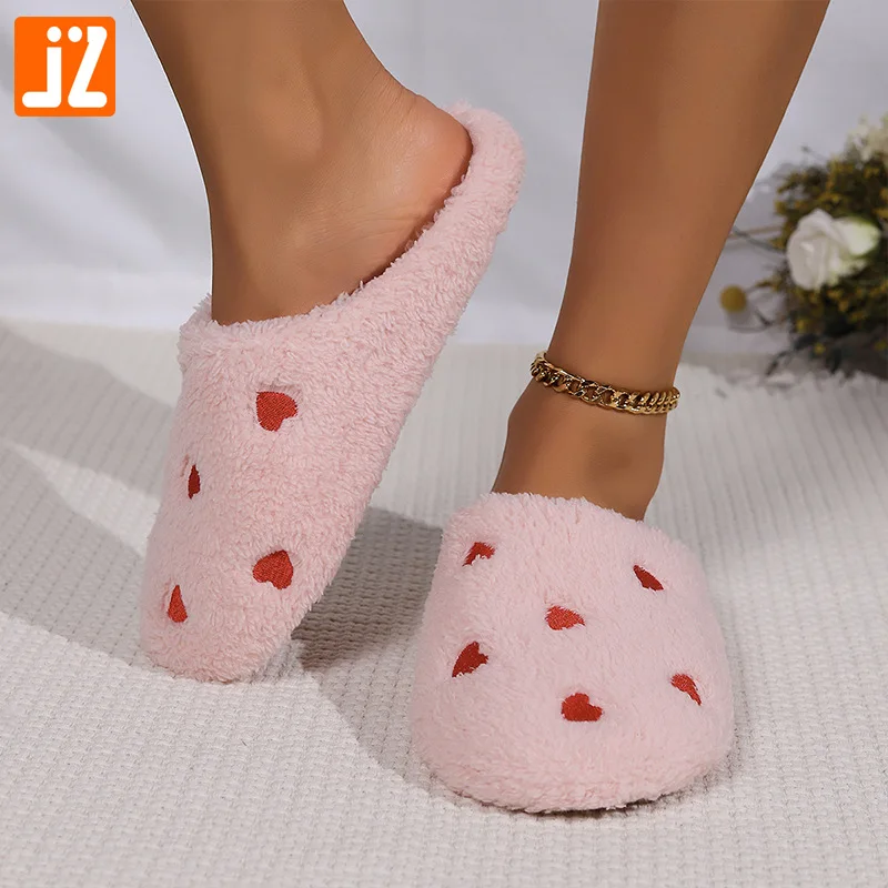 

Heart-Print Warm Cotton Slippers Comfortable Winter Indoor Homewear Flat Soft-Soled Cotton Slippers for Women