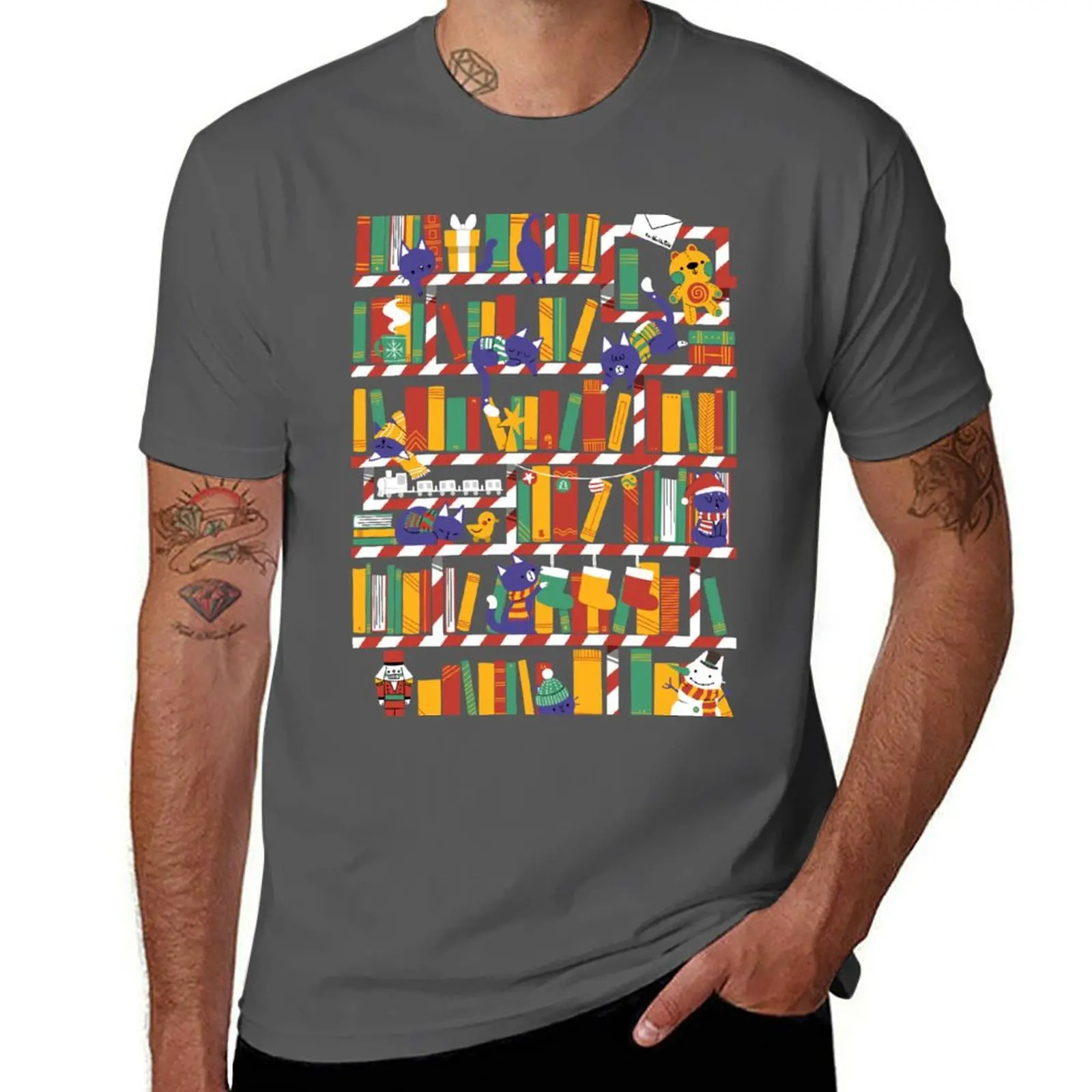 Xmas Cat Library T-Shirt Plus Size Street Style Tee