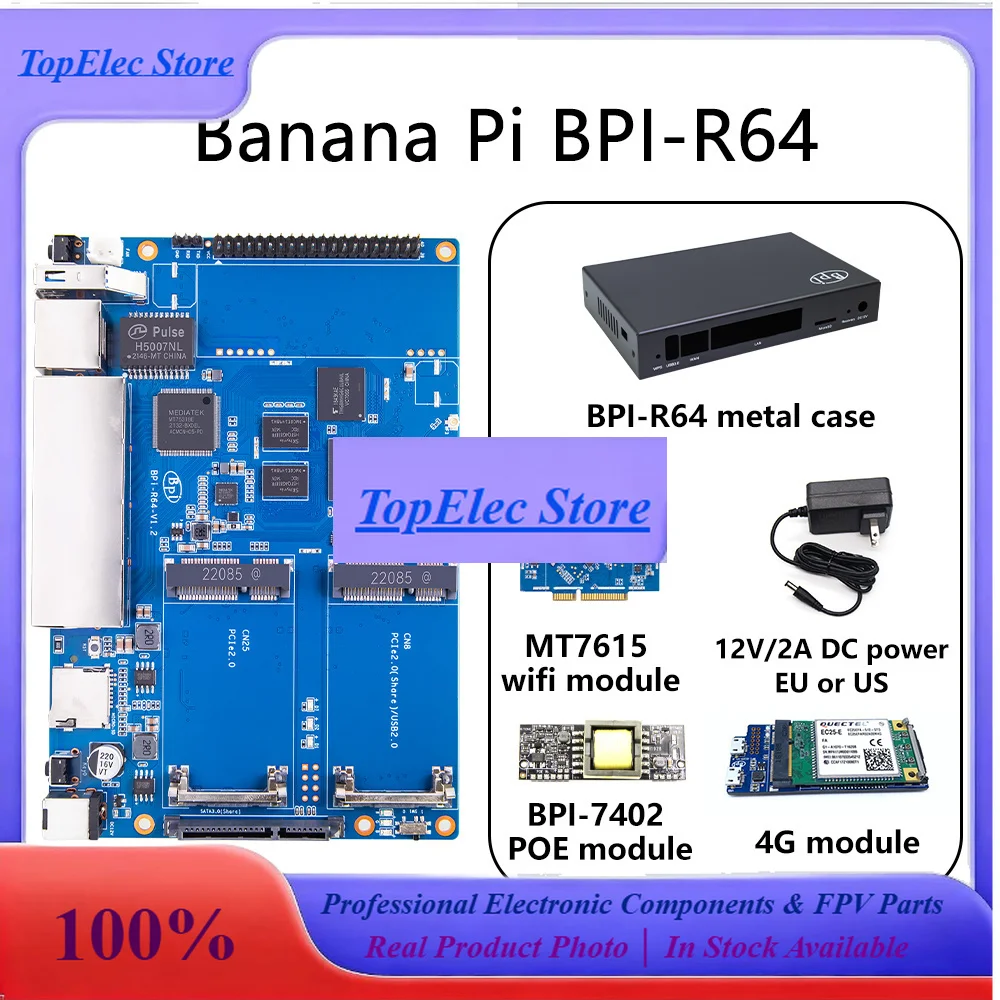TopEsBanana PI BPI-R64 With MT7615 Module R64 Metal Case MediaTek MT7622 8G EMMC Flash 1G DDR3 Support Wifi Bluetooth POE 4G Mod