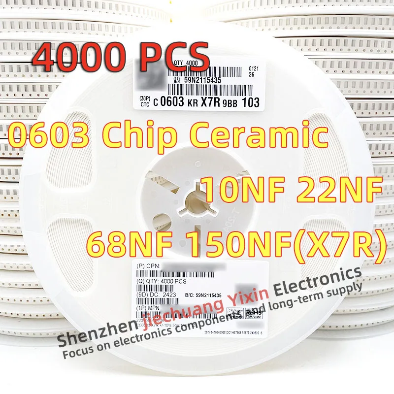 Chip Ceramic Capacitor 0603 10nF 22nF 68nF 150nF 25V 50V 10% accuracy X7R material 1608 Capacitance 4000pcs