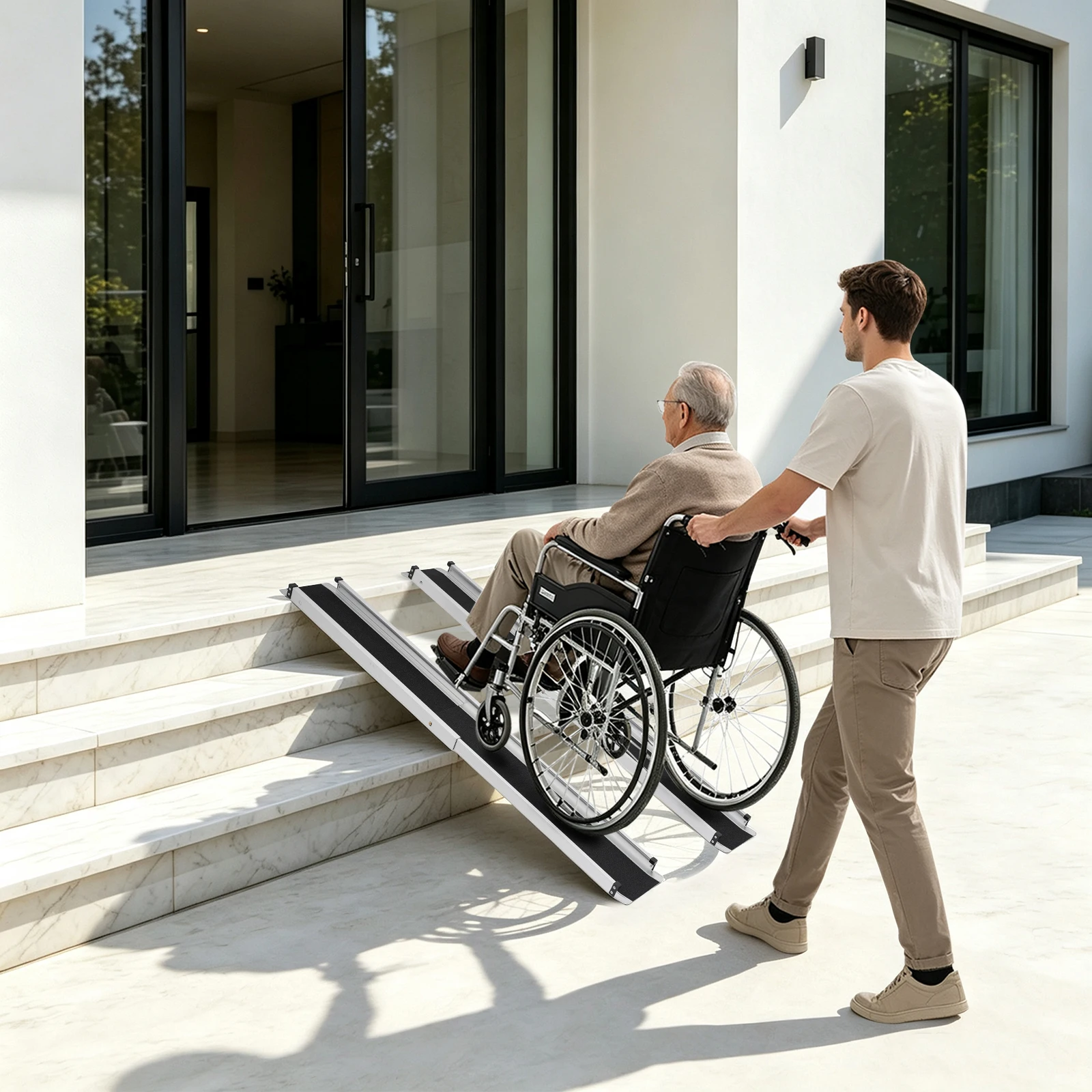 Extensible Aluminum Alloy Ramp, Black and Silver Portable Wheelchair Ramp, Suitable for Wheelchair Passage Over Steps Or Door Threshold