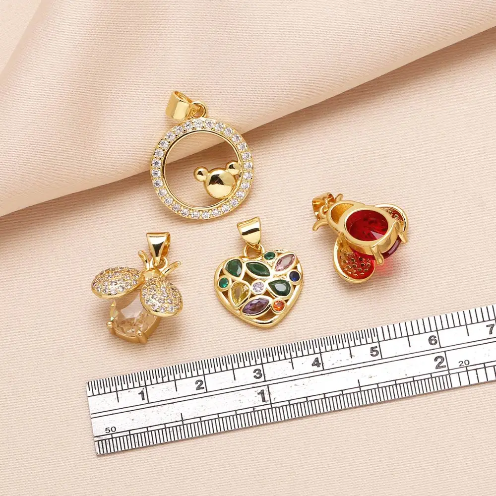 OCESRIO Trendy Colorful Crystal Heart Pendant for Necklaces Copper Gold Plated Bee Round Jewelry Making Component pdtb726