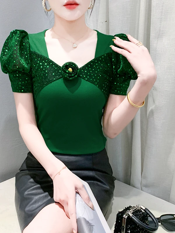 

Faionable Glitter Women's T-irt Slim Fit ort Sve Street Sle Cotton Summer Wear Breathable Moisture ng