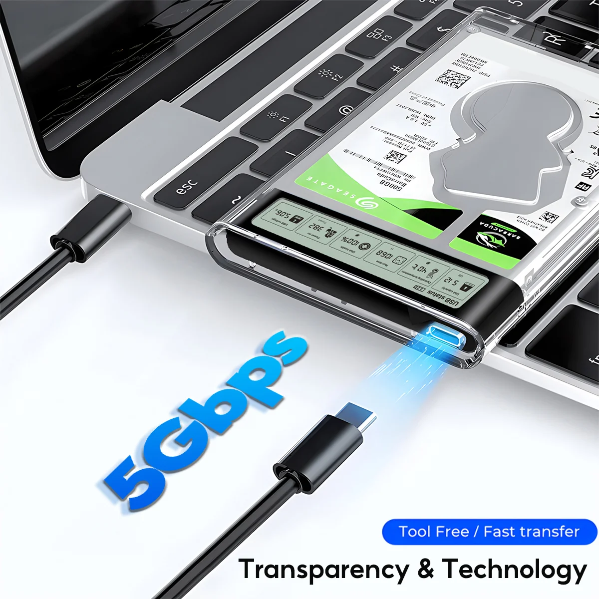 2.5 بوصة شفافة HDD الضميمة شاشة ذكية خارجية HDD قذيفة USB3.2 Gen2 SATA HDD SSD حقيبة للتخزين لأجهزة الكمبيوتر المحمول