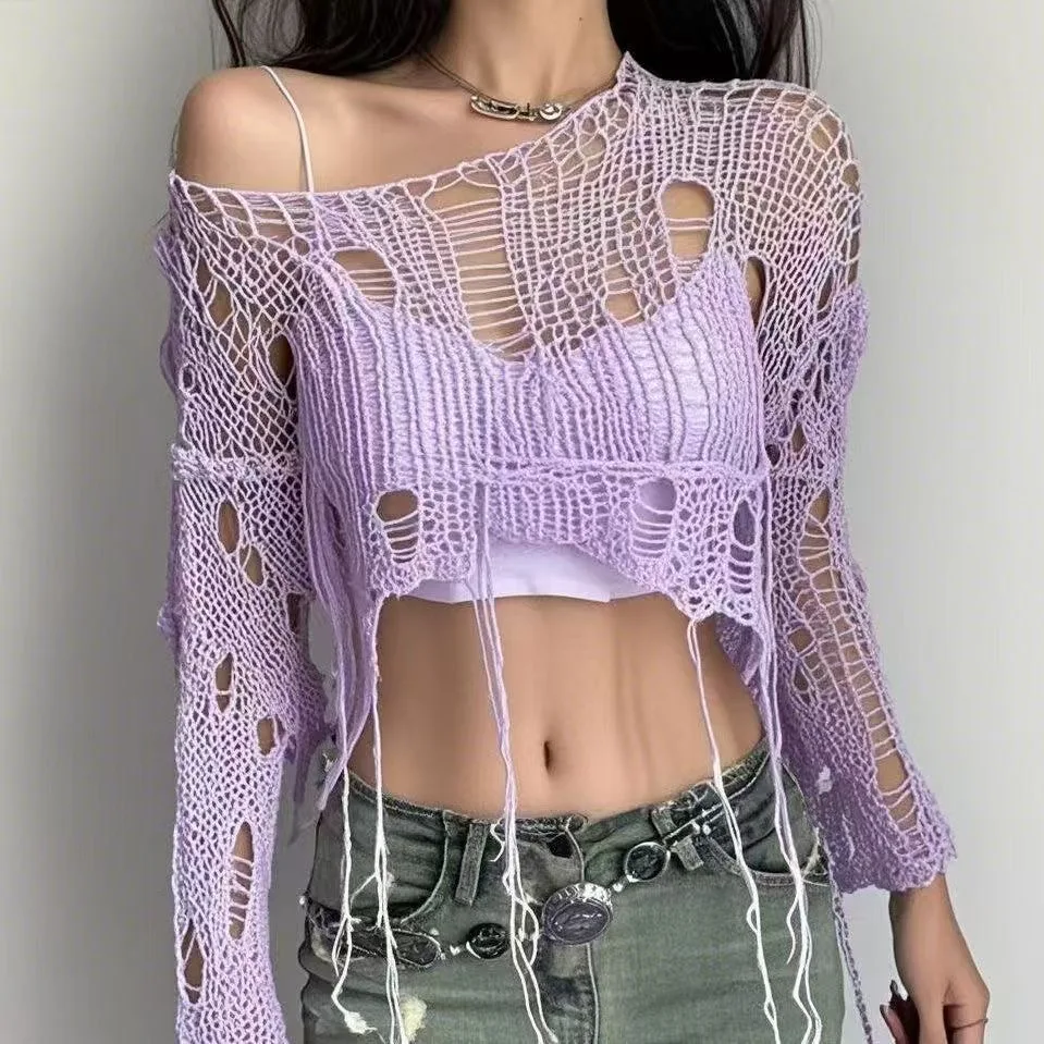 Solid Slash Neck Grunge Knitted Women's Sweater Hole Ripped Pullover Crop Top Harajuku Hollow Out Sexy Summer Jumpers All Match image 6