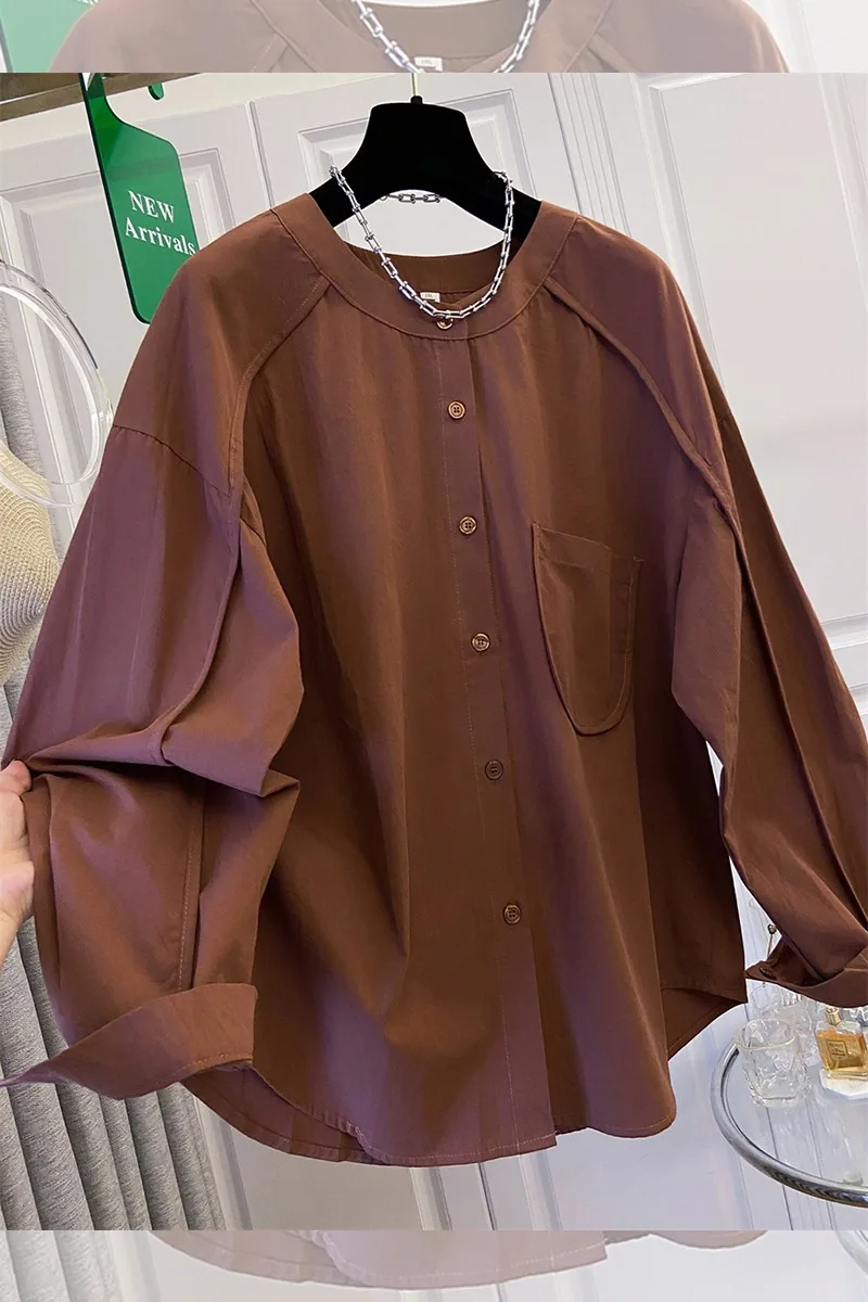 Manga longa único breasted bolso design versátil camisa 2025 primavera outono nova maré feminina simples blusas oversize