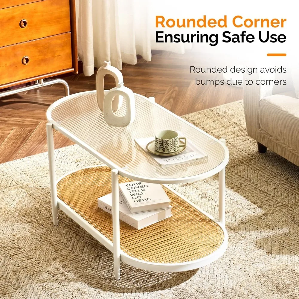 Mesa de centro moderna de metal y vidrio de 2 niveles con diseño ovalado de ratán y solución de almacenamiento estilo granja