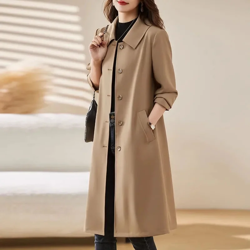 [Lined Cloth] Windbreaker Women's Clothes 2024 Spring Autumn New Fashion Polo collar Slim Coat Casual Female Long Overcoat