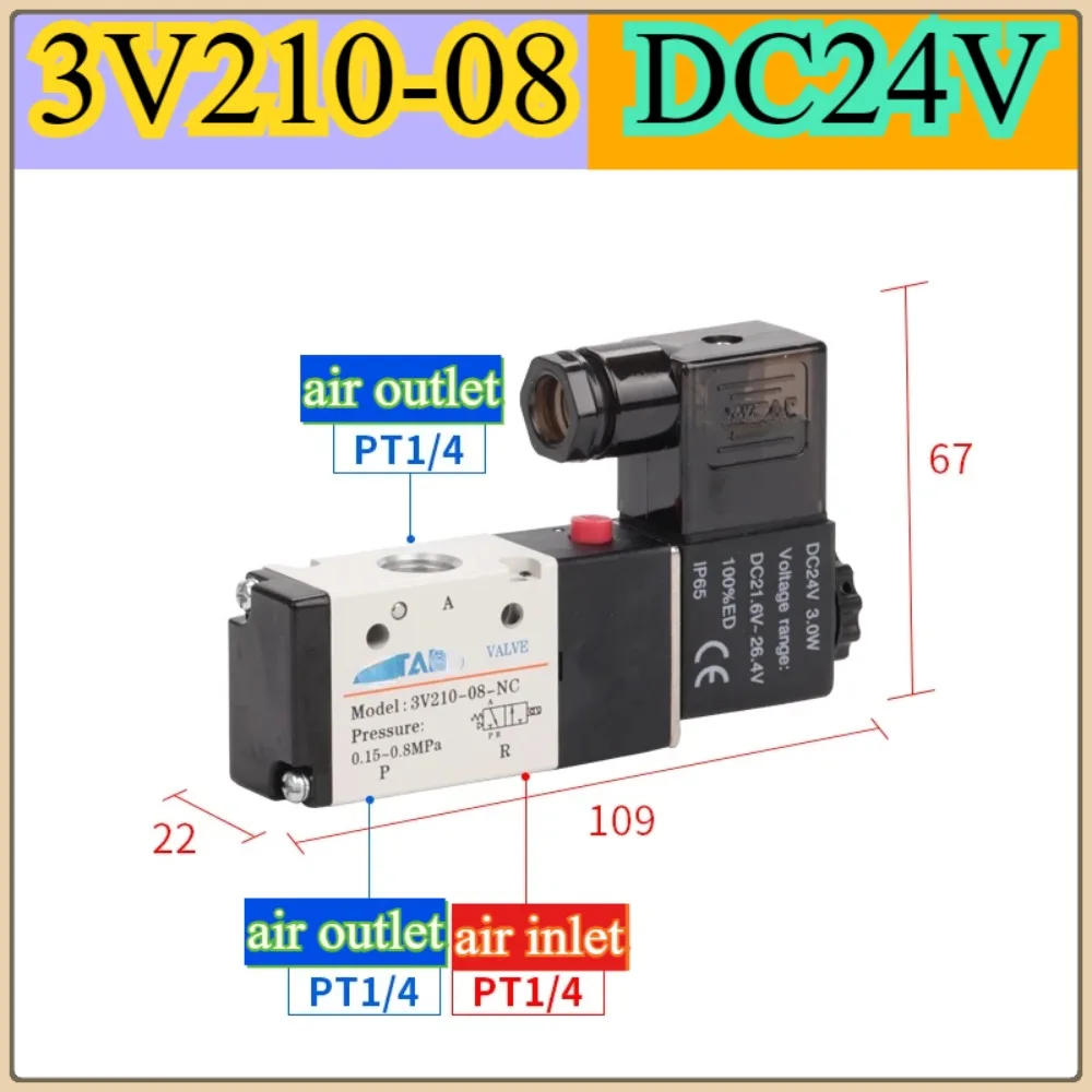 3/2 Way Pneumatic Parts 3V110-06 3V21008NCB 3V210-08 3V310-10 Solenoid Valve