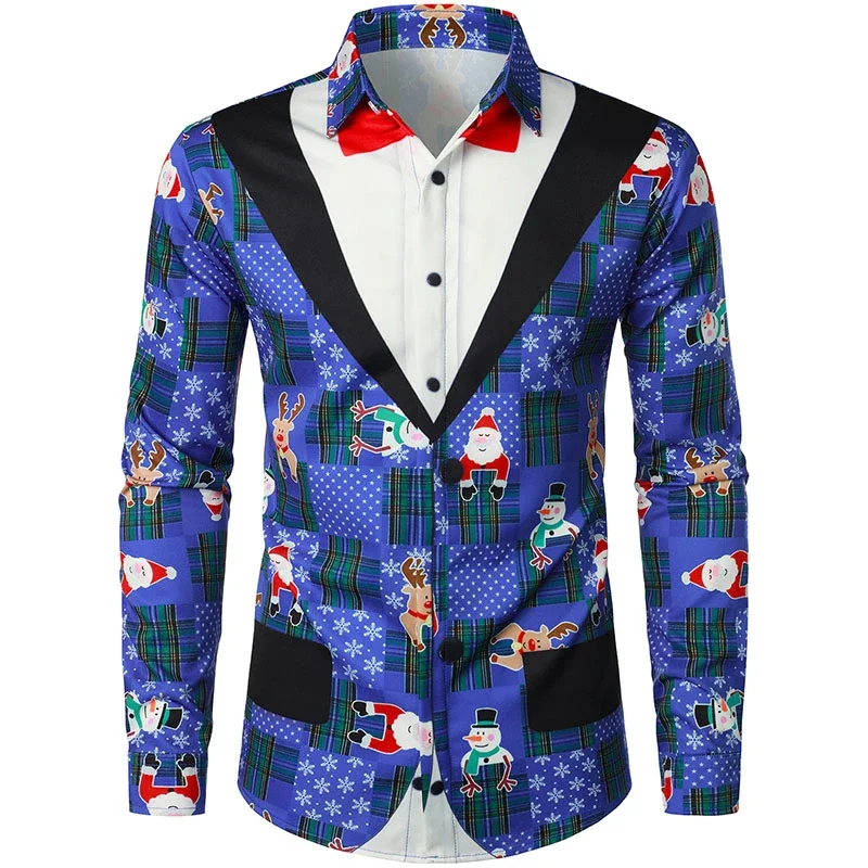 Fake Belt Funny Merry Christmas Lapel Men's Shirt Santa Claus Cosplay Pattern Long Sleeve Shirt Men's Fake Suit Camisole Top