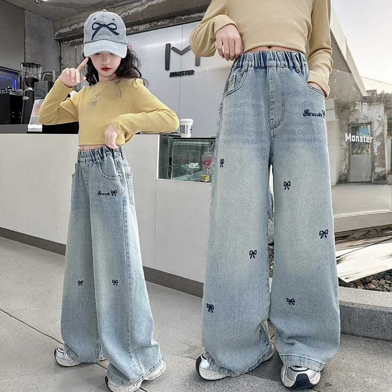 2026 Spring Autumn Girls Middle School Fashion Loose Solid Color Bow Print Jeans Casual Pants Wide Leg Pants 4-12 Years Old