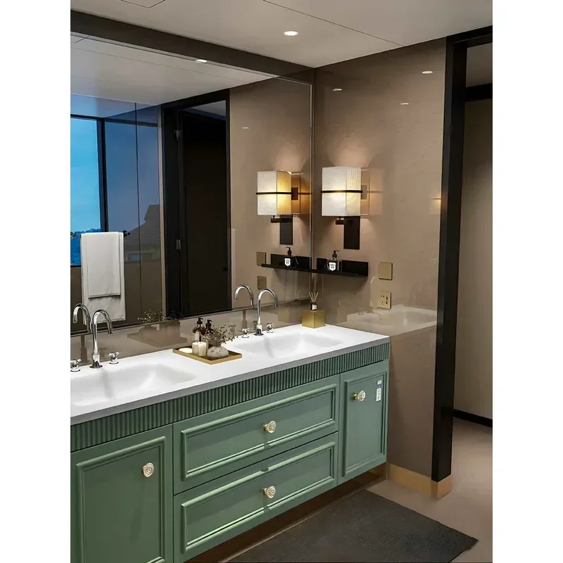French Retro Style American Double Basin Bathroom Cabinet Rock Slab Seamless Integrated Sink Oak Wood Washstand Vanity Combo