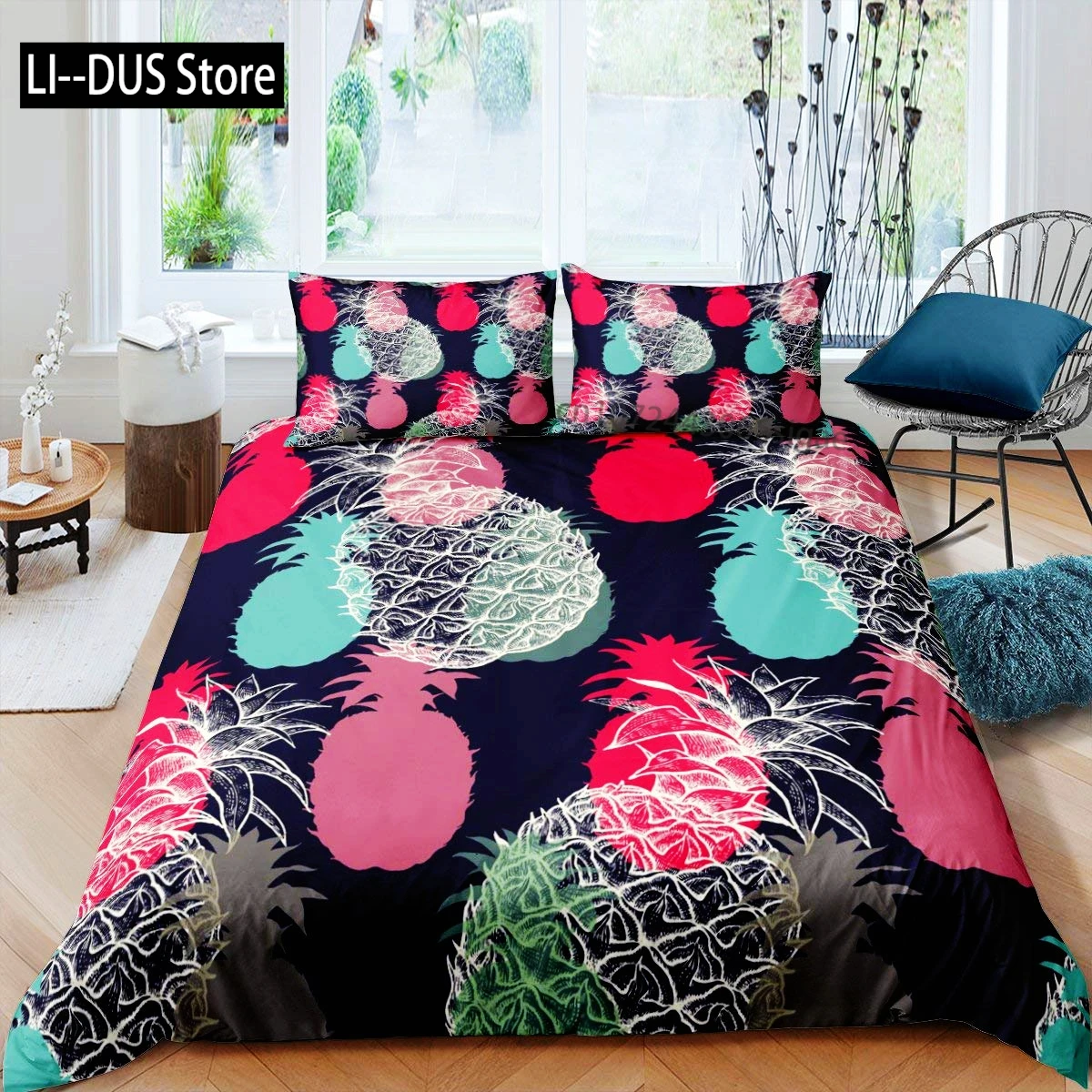 

Cartoon Pineapple Bedding Set Daisy Flowers Comforter Cover Set for Kids Teens Women Room Decor Duvet Cover Full Size 3 Pieces