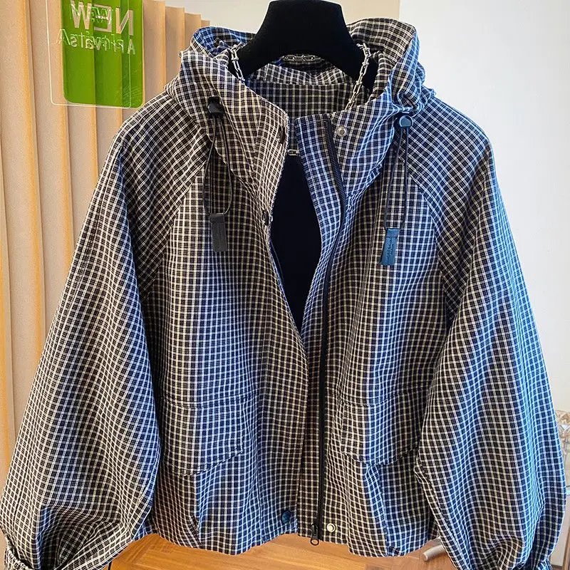 

2026 Spring/Summer New Women's Jacket Loose Short Hooded Plaid Top