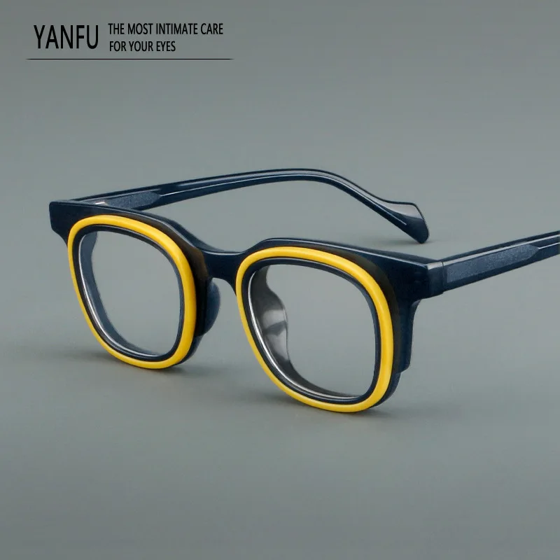 

New Patchwork Retro Acetate Glasses Frame Man Square Fashion Eyeglasses Frames Men Color Prescription Women Reading Myopia 141mm