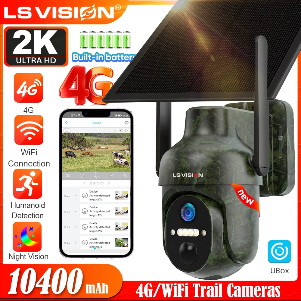 

LS VISION 4G SIM Solar Outdoor Wildlife Camera 4MP WiFi Hunting Trail Camera Security Camera Auto Tracking PIR Detection Ubox