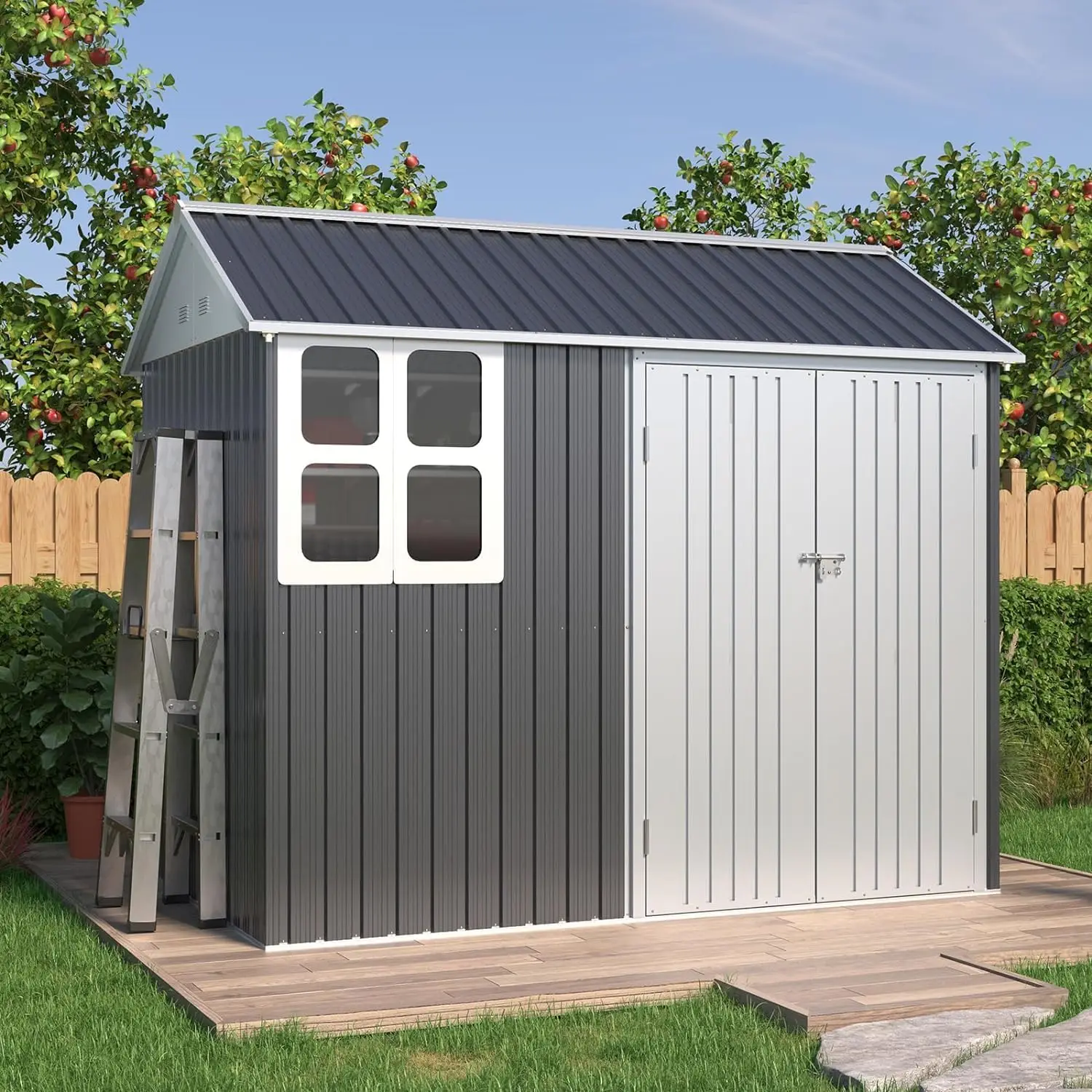 8x6x7.5 FT Outdoor Storage Shed Metal Garden House 4-pane Window Double Lockable Hinged Doors Lawn Dark Grey/White