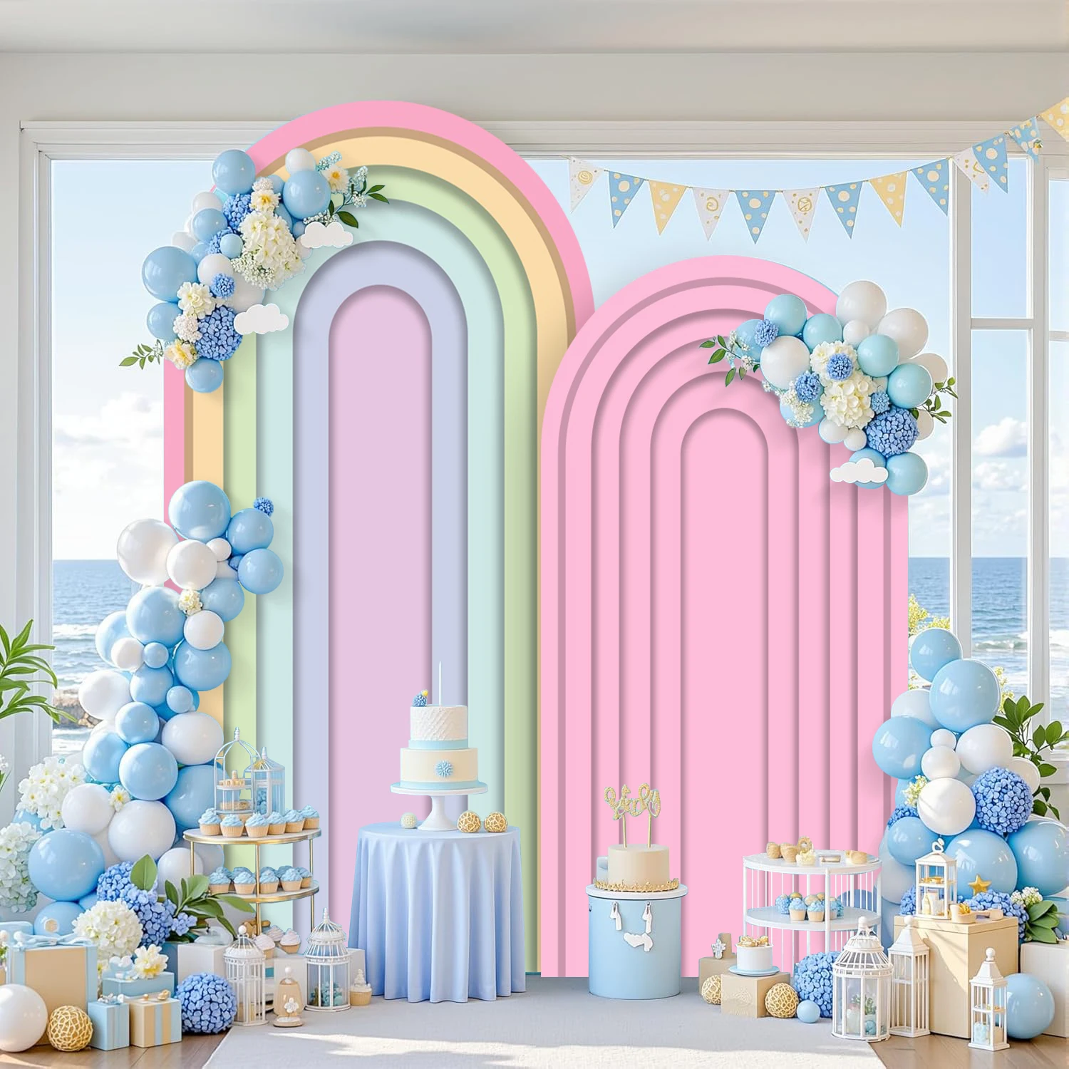 Rainbow Stripes 2-sided  Arch Cover Backdrop Custom Color Baby Shower Birthday Wedding Party Decor Elastic Arched Background