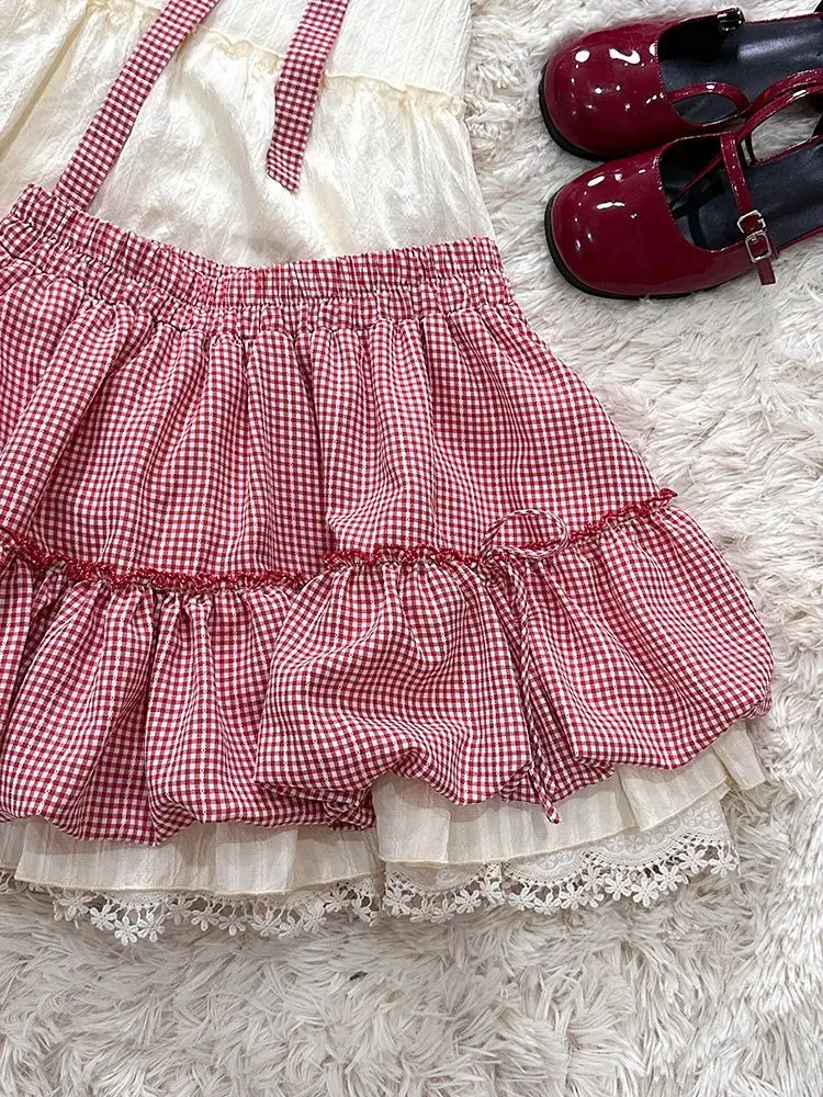 Sweet Lolita Kawaii 2 Piece Set Flying Sleeve Bow Ruffle Top Red Gingham Bubble Skirt Women Girls Lace Trim Daily Party Outfit