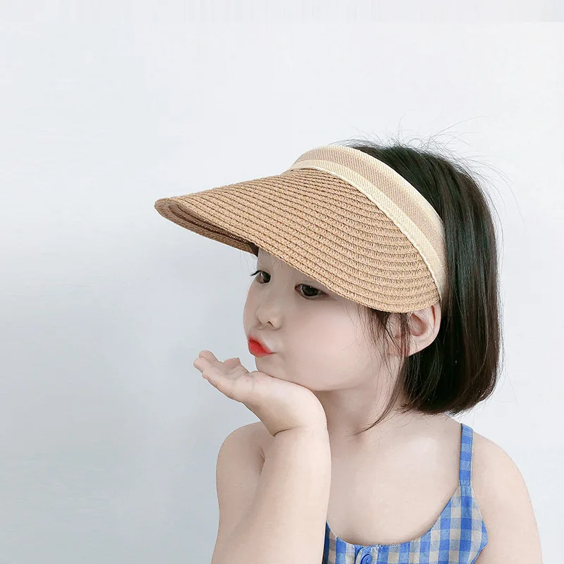 Summer Wide Brim Straw Sun Hat for Kids Girl Open Top Baby Visor Cap UV Protection Breathable Sunshade Hat for 2-7 Children