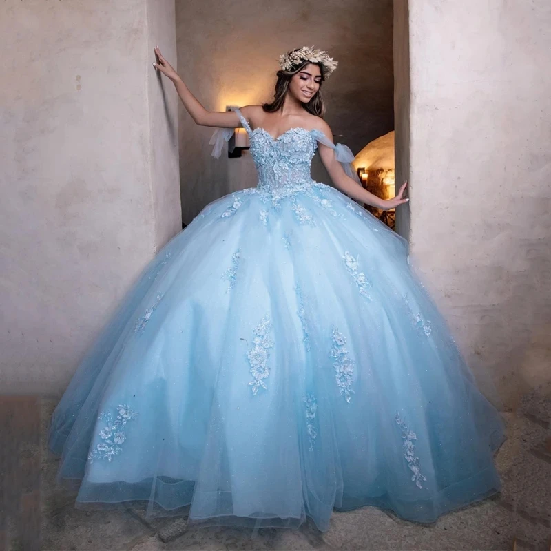 

2024 Light Blue Quinceanera Dresses For Sweet Girls Princess Ball Gown Appliques Graduation Prom Dress Vestidos De 15 Años