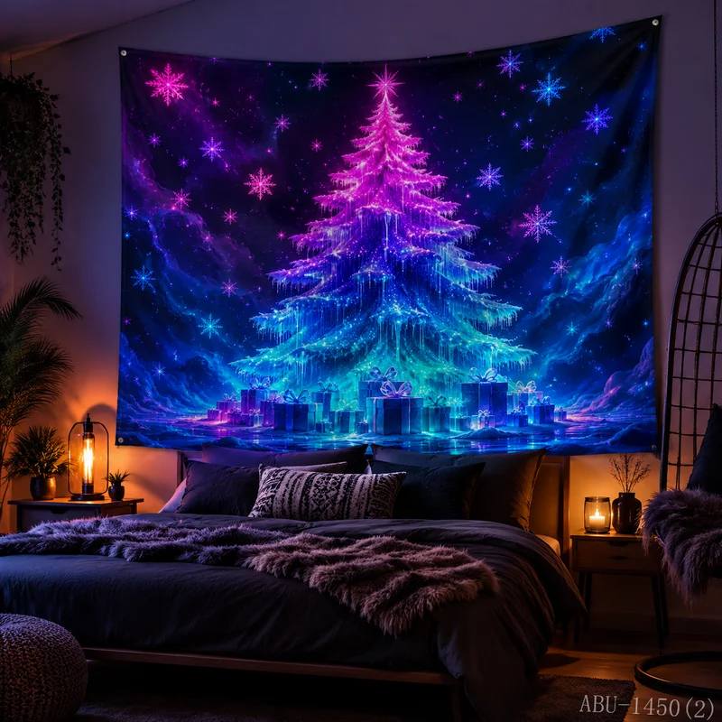 VIKAMA Gradient Christmas Tree Nebula Gift Box Ice Crystal Christmas Tapestry Background Hanging Cloth Living Room Decoration