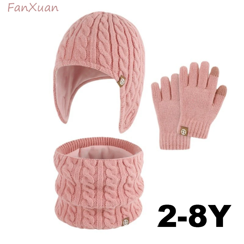 Kids Winter Hats Set 3pcs Knitted Hat Ear Muffs Children Outdoor Boys Girls Beanies Gloves Scarf Set Pink Orange Gray Beige