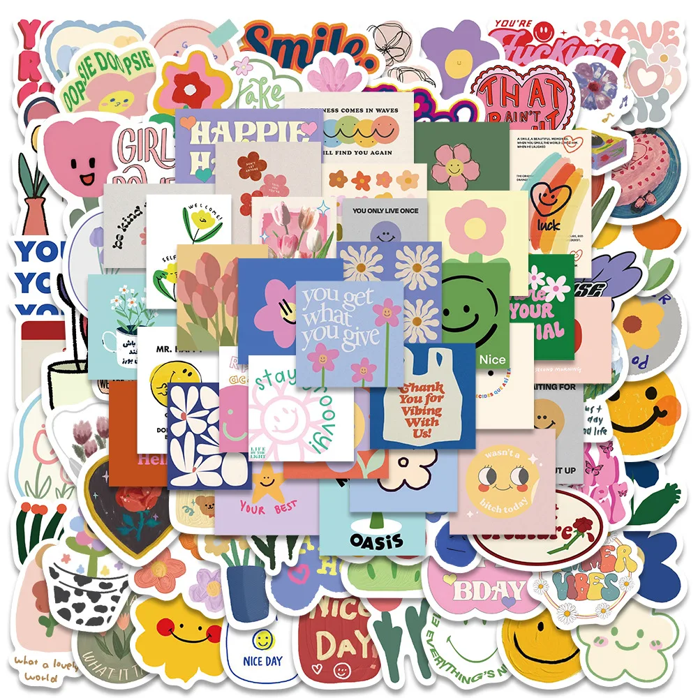 

90 шт., милые наклейки с цветком улыбки, мультяшные мотивационные наклейки, сделай сам, телефон, гитара, ноутбук, чемодан, водонепроницаемая наклейка