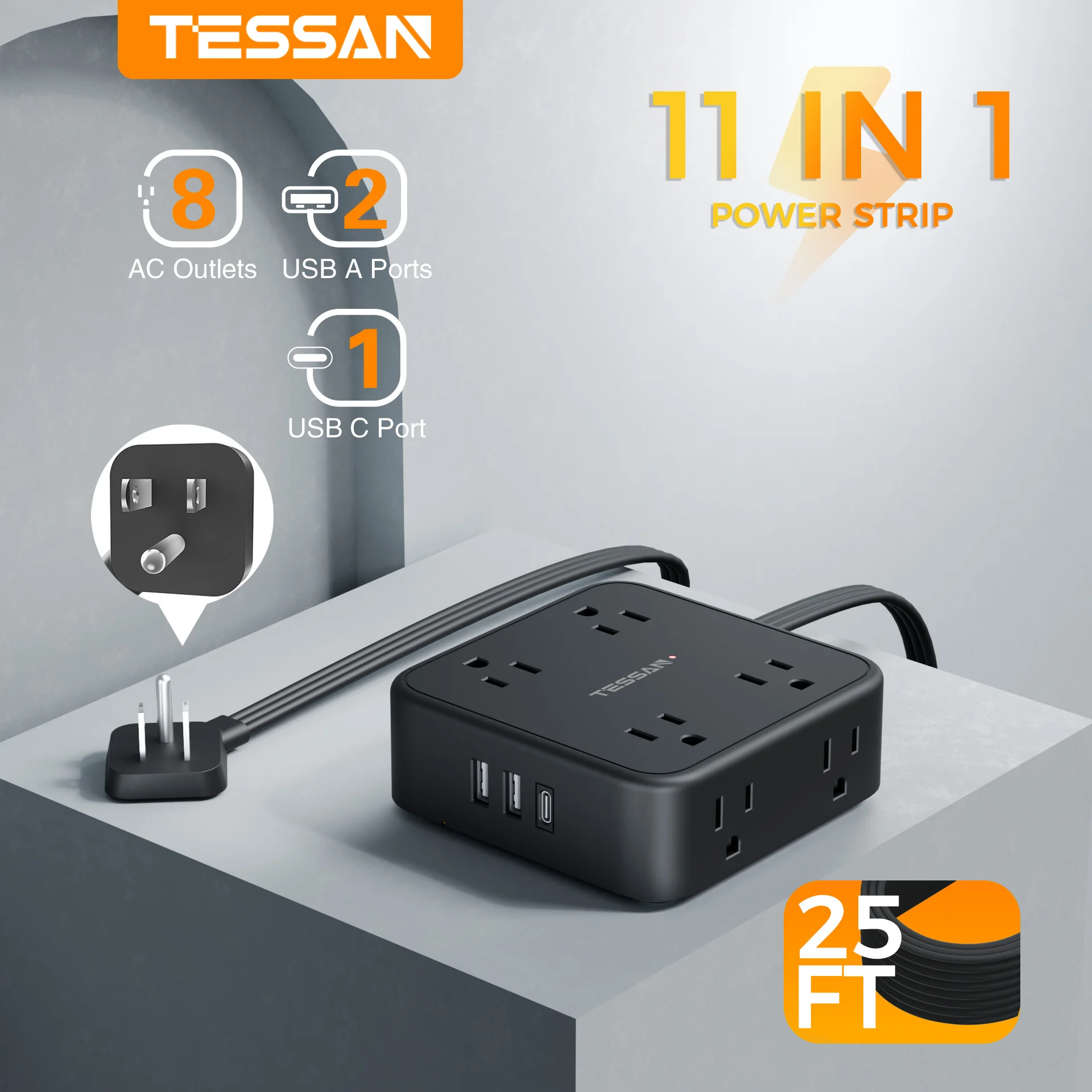 

Ультратонкая плоская сетевая розетка TESSAN с 8 розетками, 2 USB-портами и 1 портом Type-C, удлинитель 25 футов, защита от перенапряжения для дома и офиса