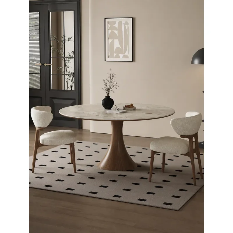 Retro Travertine Rock Slab Small Round Table Solid Wood Black Walnut Dining Table for Household Small Apartment