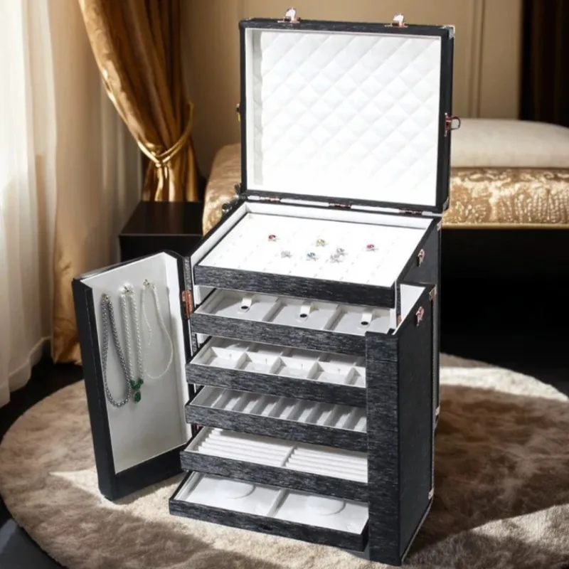 Large Jewelry Storage Box Leather Ring Display Cabinet Luxury Necklace Organizer Case Wheels Bracelet Earring Collection Boxes