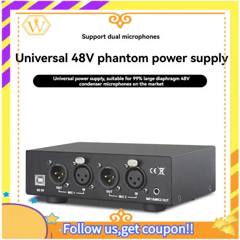 A01K-Universal 48V Phantom Power Supply Compact 2 In 2 Out For Condenser Microphone Music Recording Equipment
