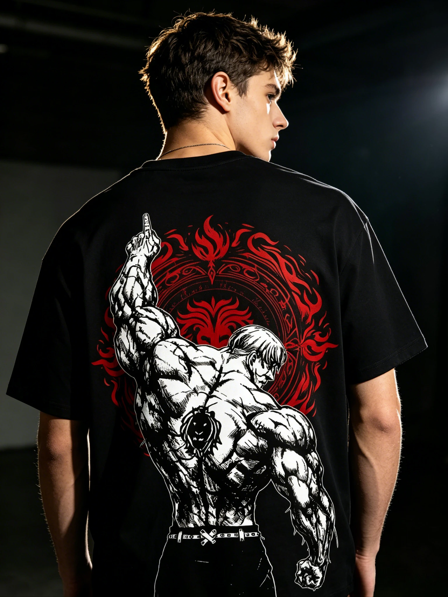 Men Muscle Anime Character Graphic T-shirt Back Print Bodybuilder Flame Art Crew Neck Cotton Short Sleeve Streetwear Tops
