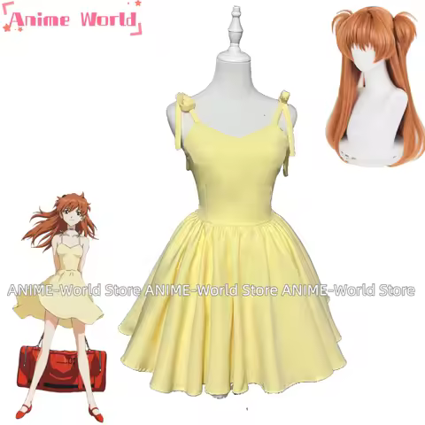 《Custom Size》Anime Asuka Langley Soryu Yellow Dress Cosplay Costume Wig