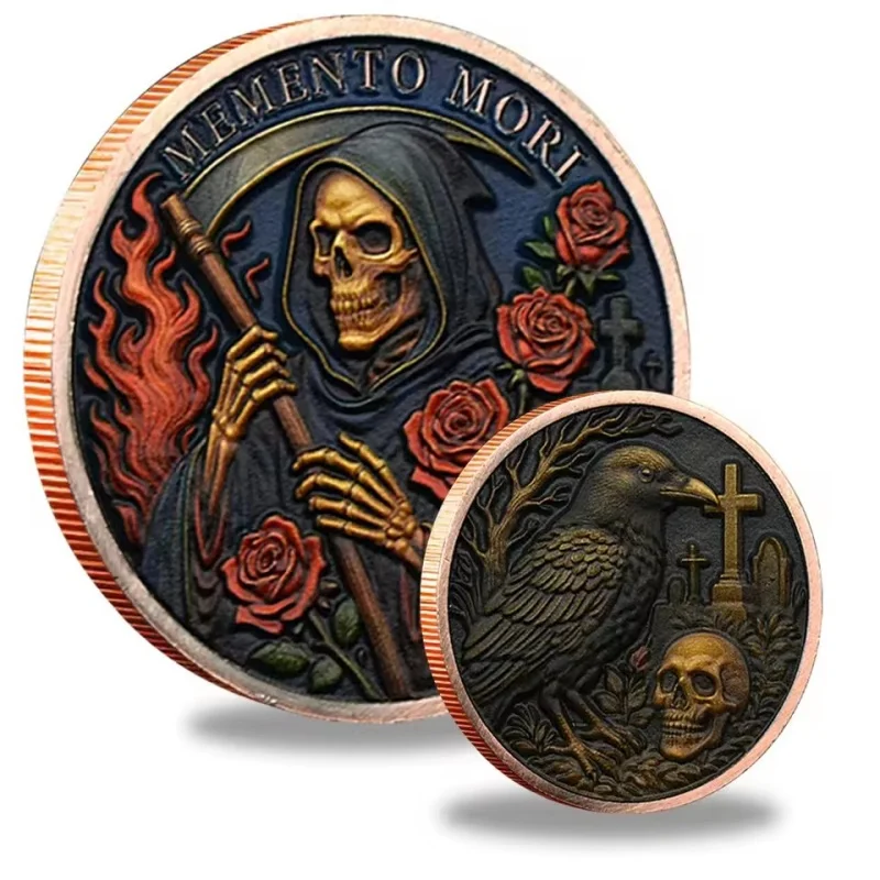 Skull Rose MEMENTO MORI Zinc Alloy Plated 3D Relief Commemorative Coin Crow Cross Medal Collectible Art Craft Home Decor Gift